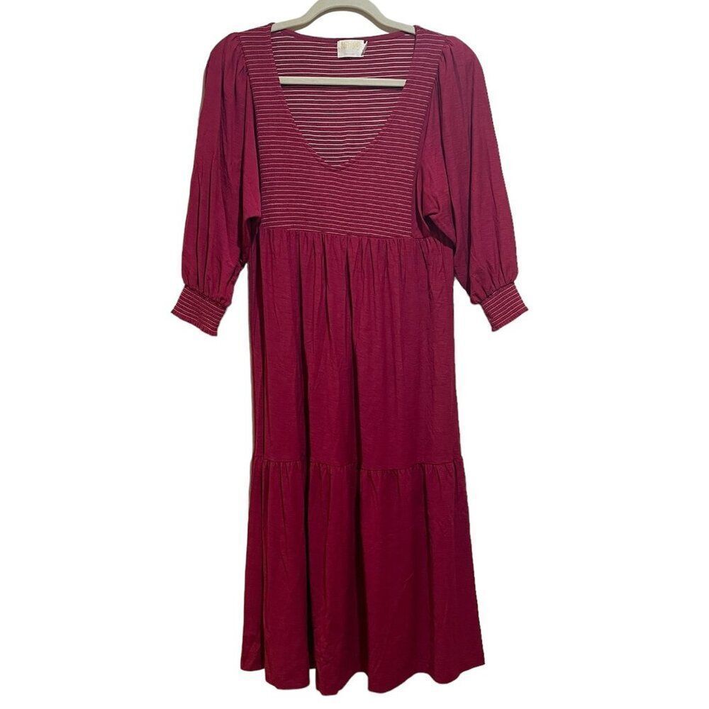 Nation LTD Size S Small Rona Puff Sleeve Smocked Tiered Midi Dress Berry Pink - Picture 15 of 15